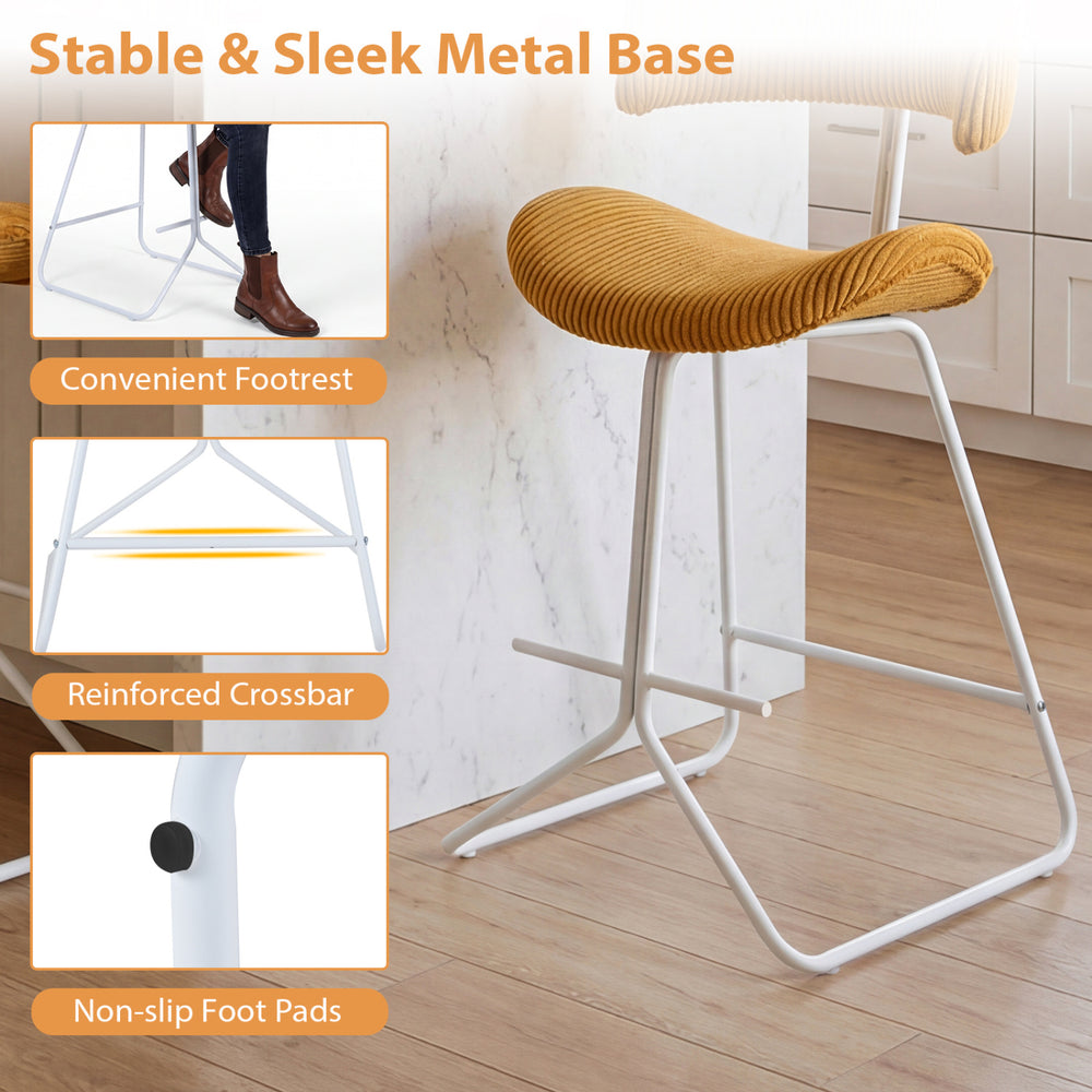 Counter height stool with orange padded seat, stable metal base, footrest, and non-slip foot pads for comfort.