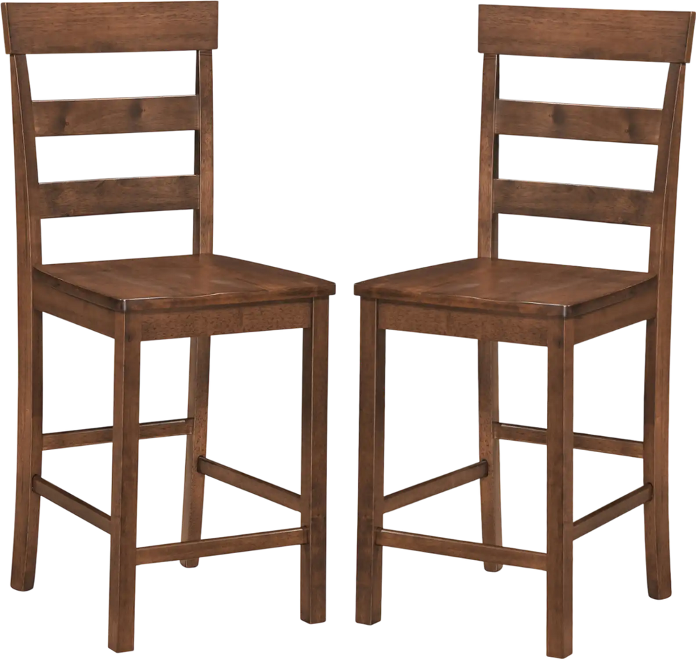 Set of 2 brown counter height bar stools with rubber wood frame and curved backrest for comfortable dining.