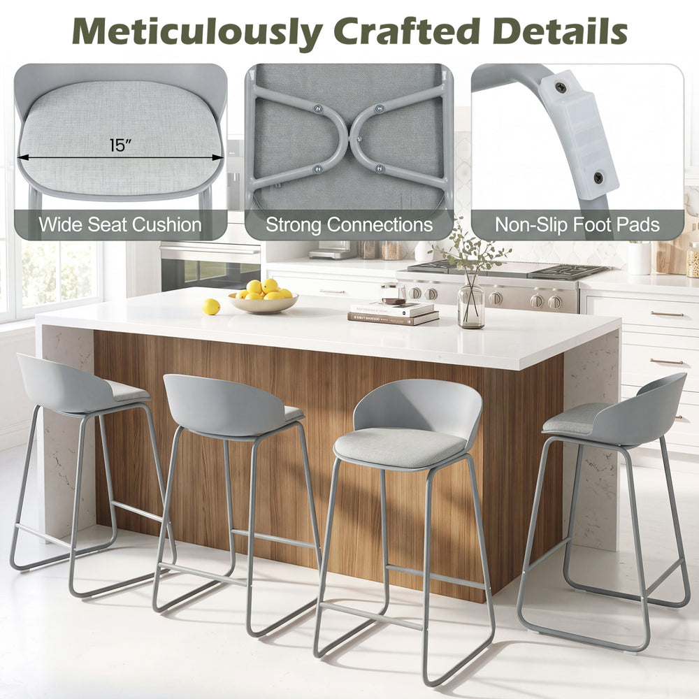 Counter height bar stools with curved backrest, metal frame, and wide seat cushion for comfortable seating in bars.