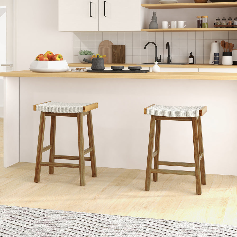 Set of 2 dining bar stools with seaweed woven seats and acacia wood frames, perfect for kitchen or dining room use.