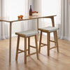 Set of 2 25.5-inch dining bar stools with seaweed woven seats and acacia wood frames, ideal for kitchen or dining room.