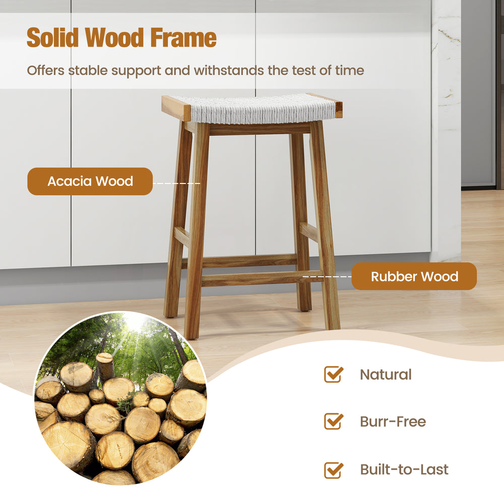 Dining bar stool with seaweed woven seat, acacia wood frame, and rubber wood legs, perfect for kitchen or dining room.