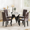 Mid-century modern dining chairs with brown fabric upholstery, featuring rubber wood frames and thick cushions for.