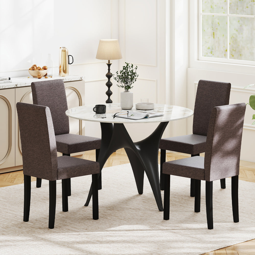 Mid-century modern dining chairs with brown fabric upholstery, featuring rubber wood frames and thick cushions for.