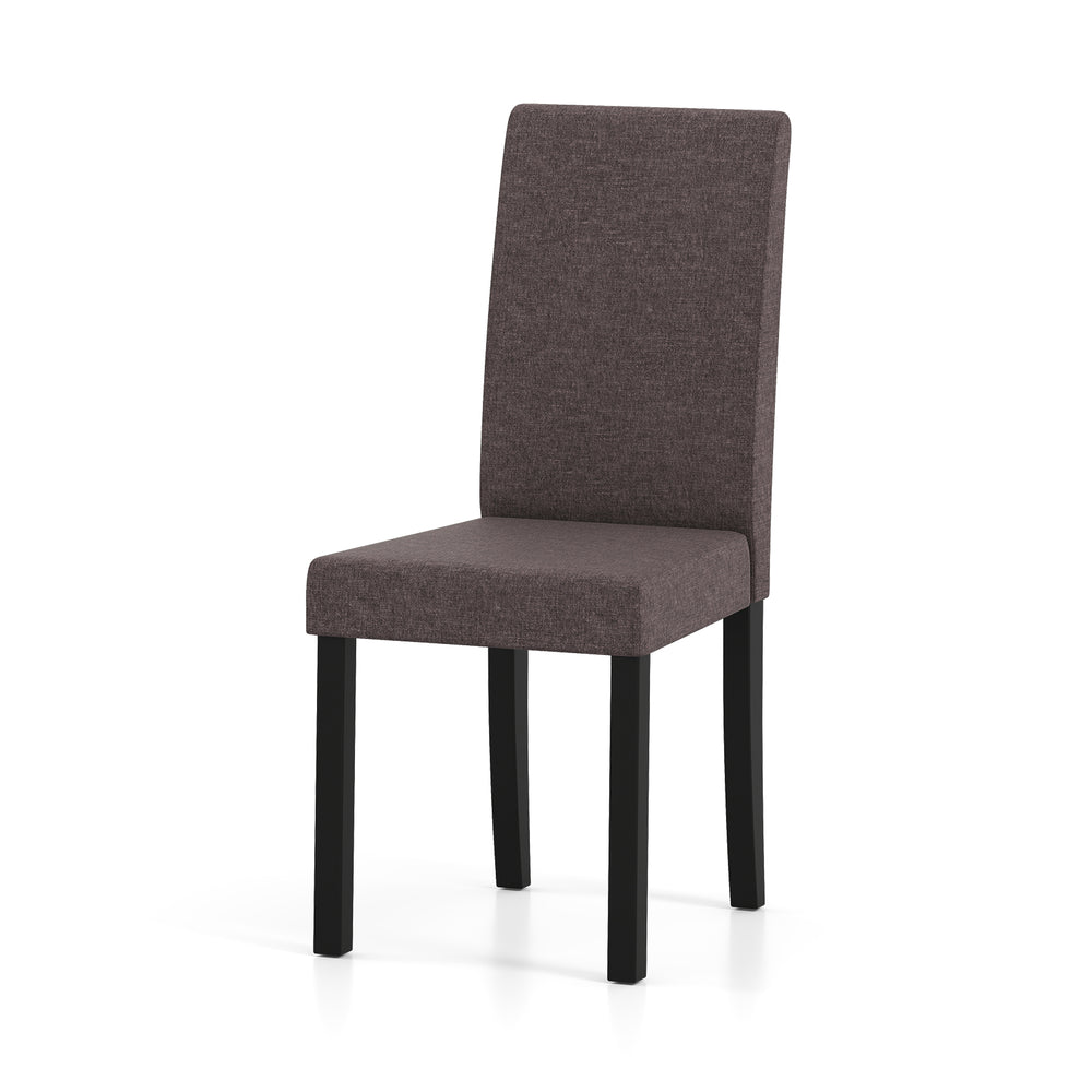Mid-century modern dining chair with brown faux linen upholstery and rubber wood frame, ideal for home or cafe settings.