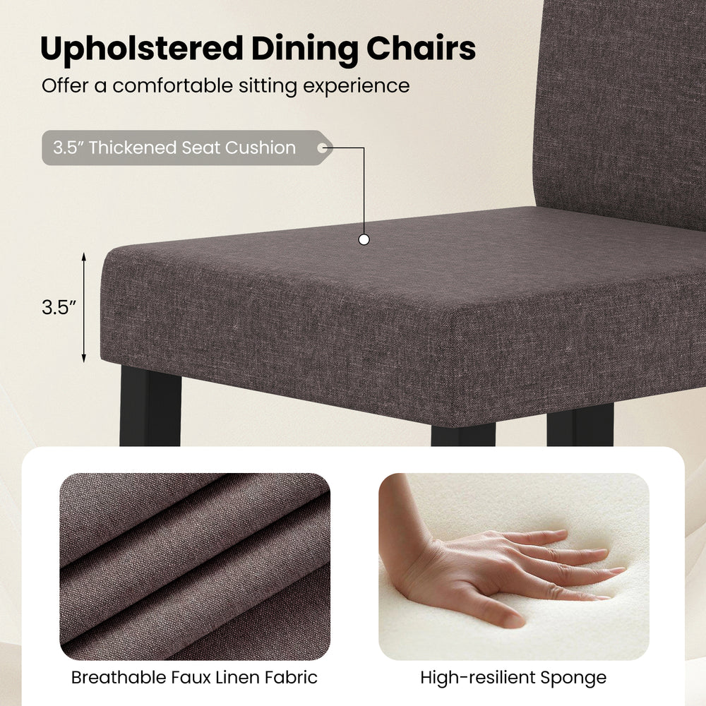 Close-up of a brown upholstered dining chair with a 3.5" thick seat cushion, featuring breathable faux linen fabric.