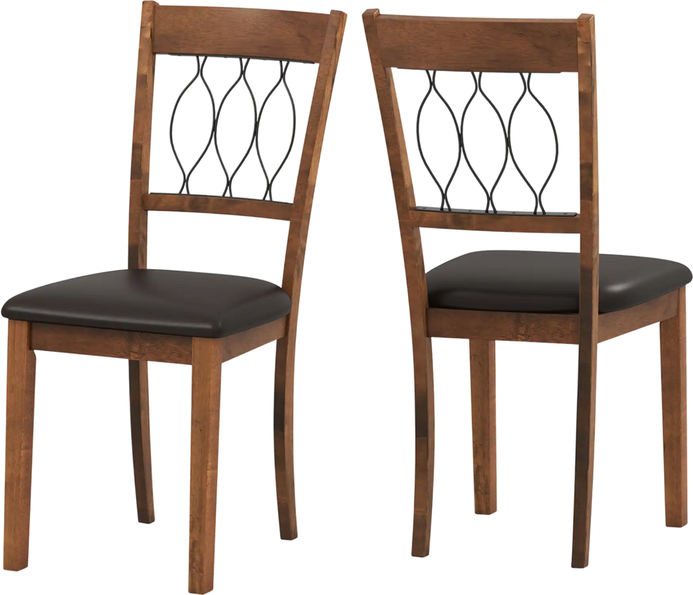 Set of 2 walnut dining chairs with padded faux leather seats and elegant hallow back for comfortable dining.