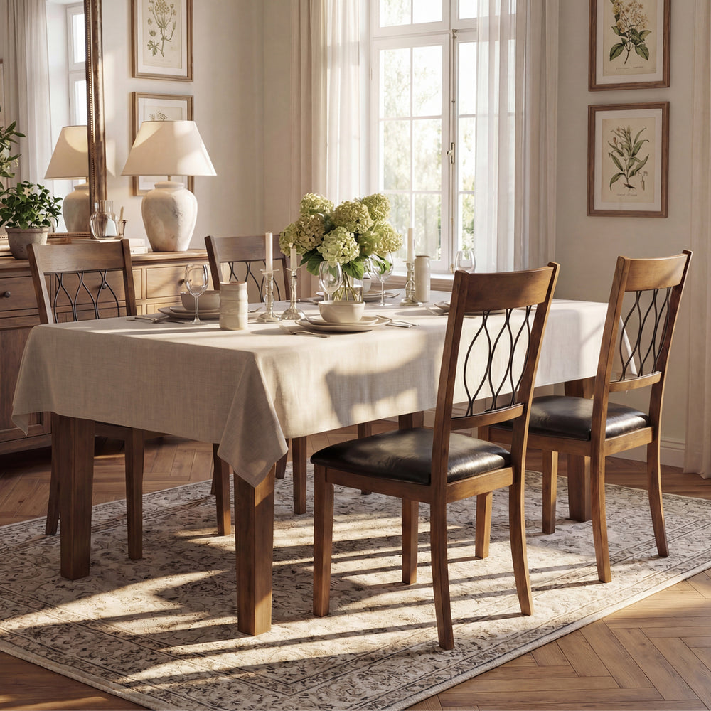 Walnut dining chairs with faux leather upholstery and padded seats, perfect for stylish and comfortable dining.