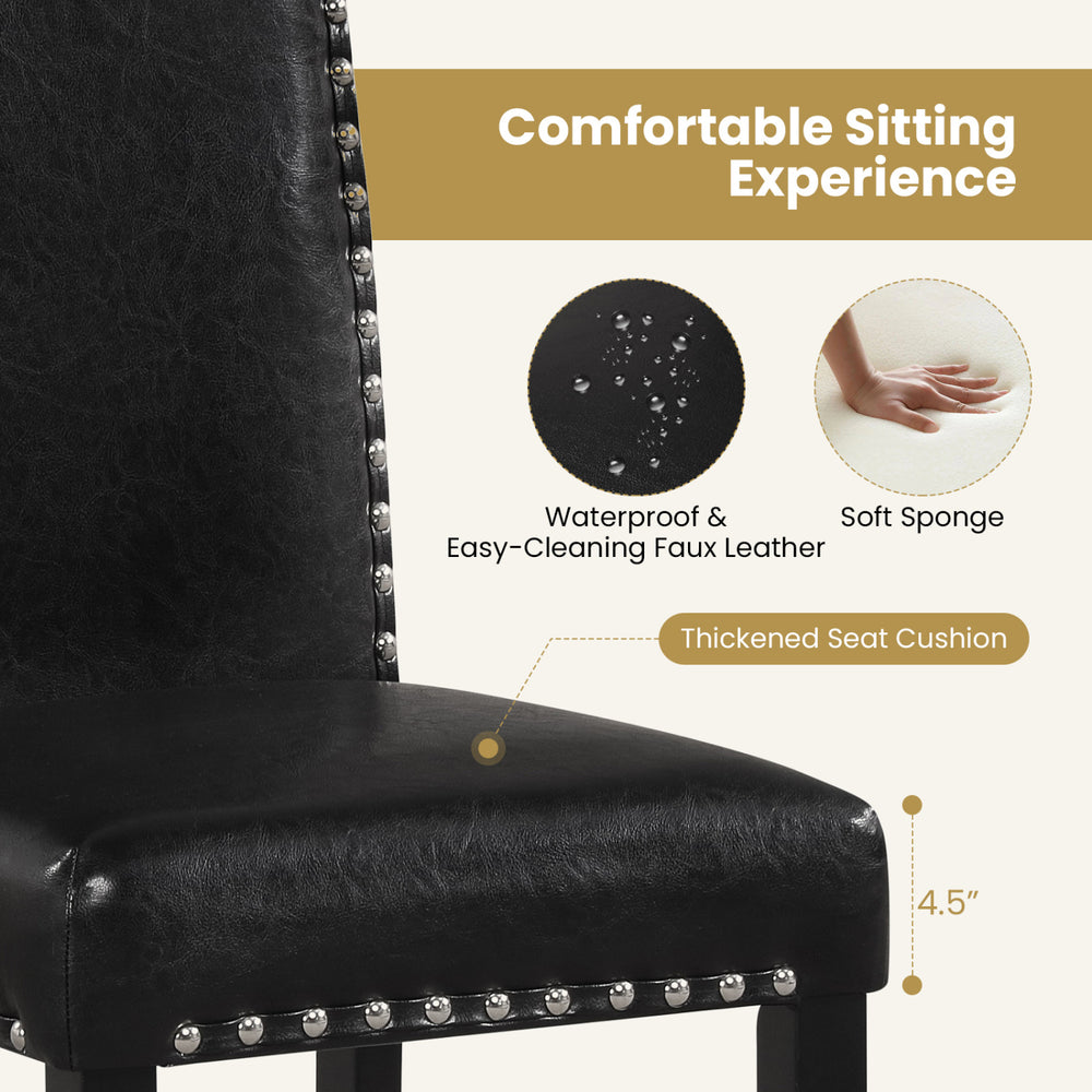 Close-up of a dining chair with thick padded seat, waterproof faux leather, and elegant nailhead accents for comfort.