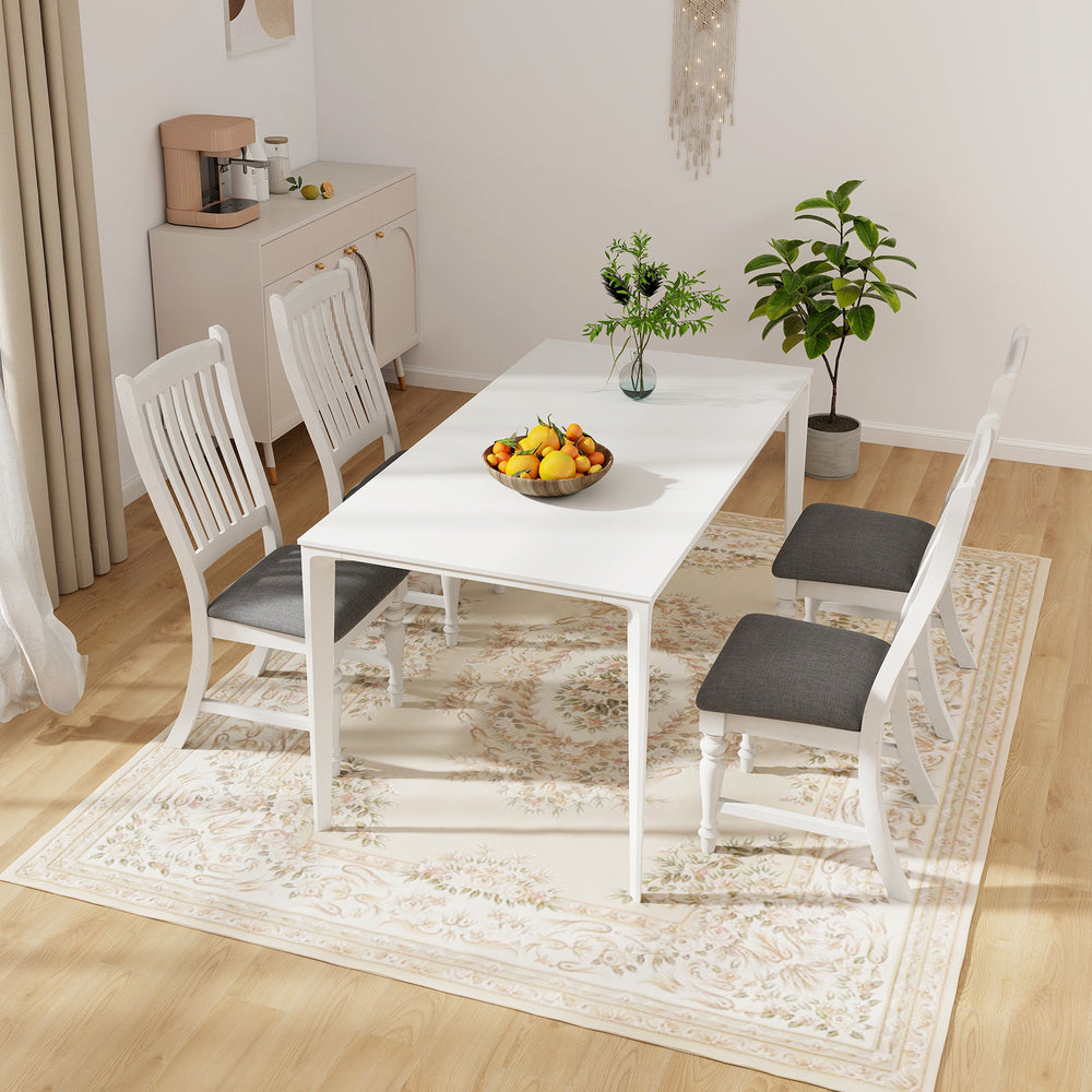 Set of 2 white dining chairs with solid wood legs, featuring thick cushions for comfort, ideal for kitchen or dining.