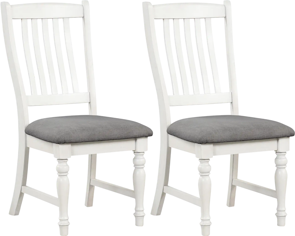 Set of 2 white dining chairs with solid wood legs and gray cushions, designed for comfort and stability in dining areas.