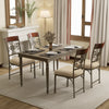 Armless dining room chairs with vintage pattern, brown seat cushions, and durable metal frame for stylish dining spaces.