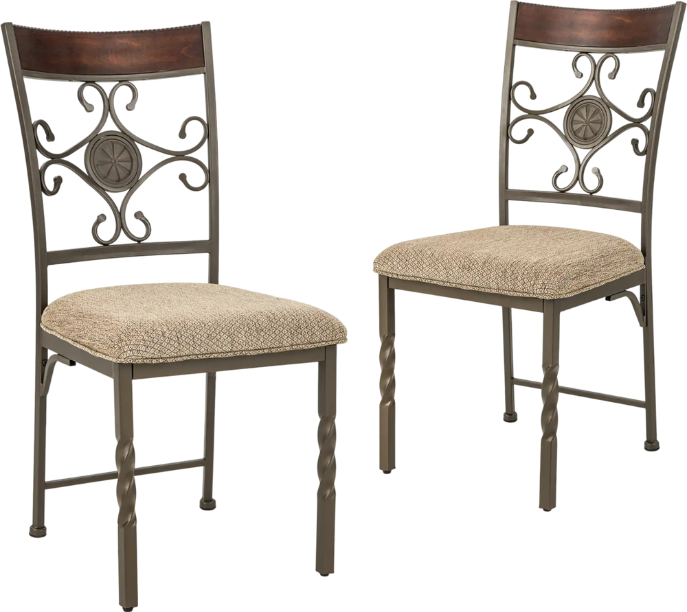 Set of 2 armless dining room chairs with brown cushioned seats and vintage metal frame, perfect for dining or living.
