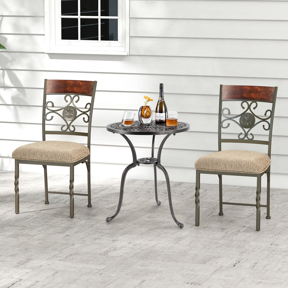 Set of 2 armless dining chairs with brown seat cushions, featuring a vintage pattern for stylish indoor or outdoor use.