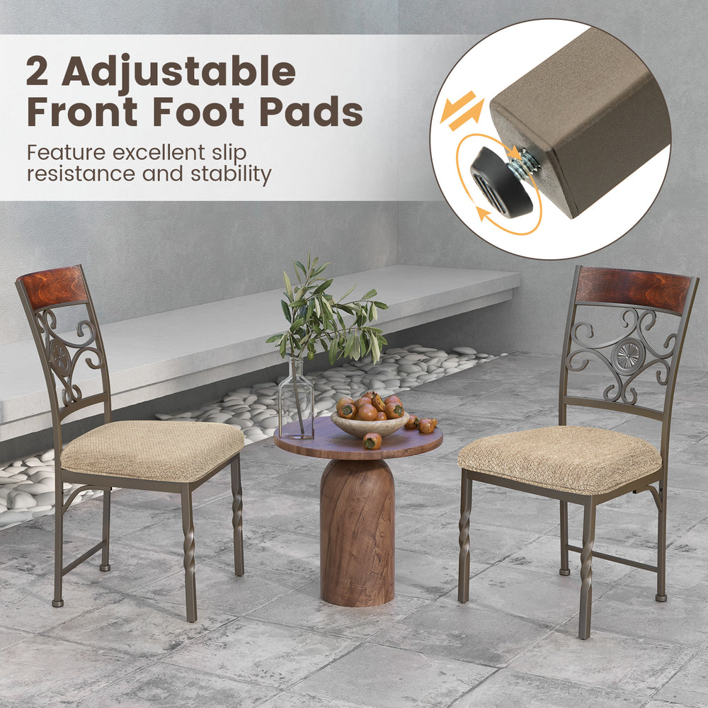 Set of 2 armless dining chairs with brown seat cushions, featuring a vintage pattern and adjustable foot pads for.