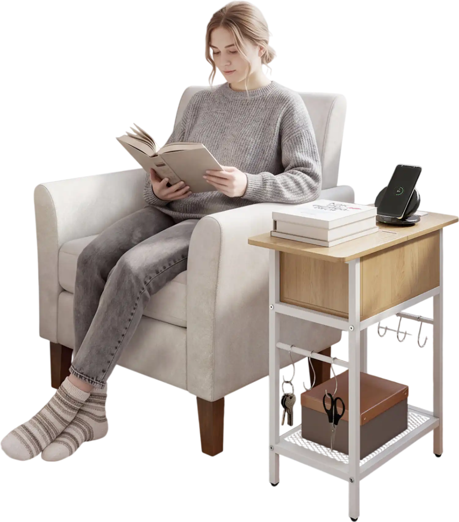 Costway Set of 2 End Tables with Charging Station Hidden Compartment 81320350 New