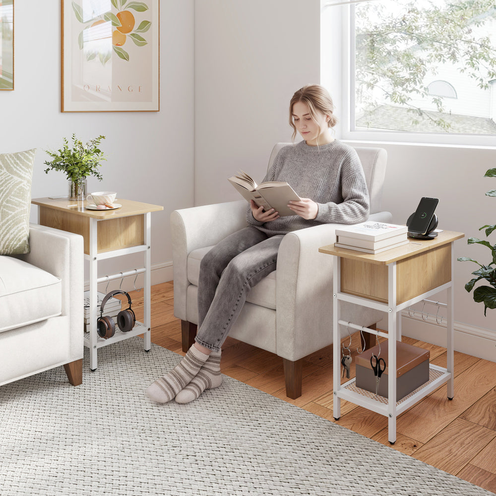 Set of 2 End Table with Charging Station and Hidden Compartment-Natural - Gallery View 1 of 7