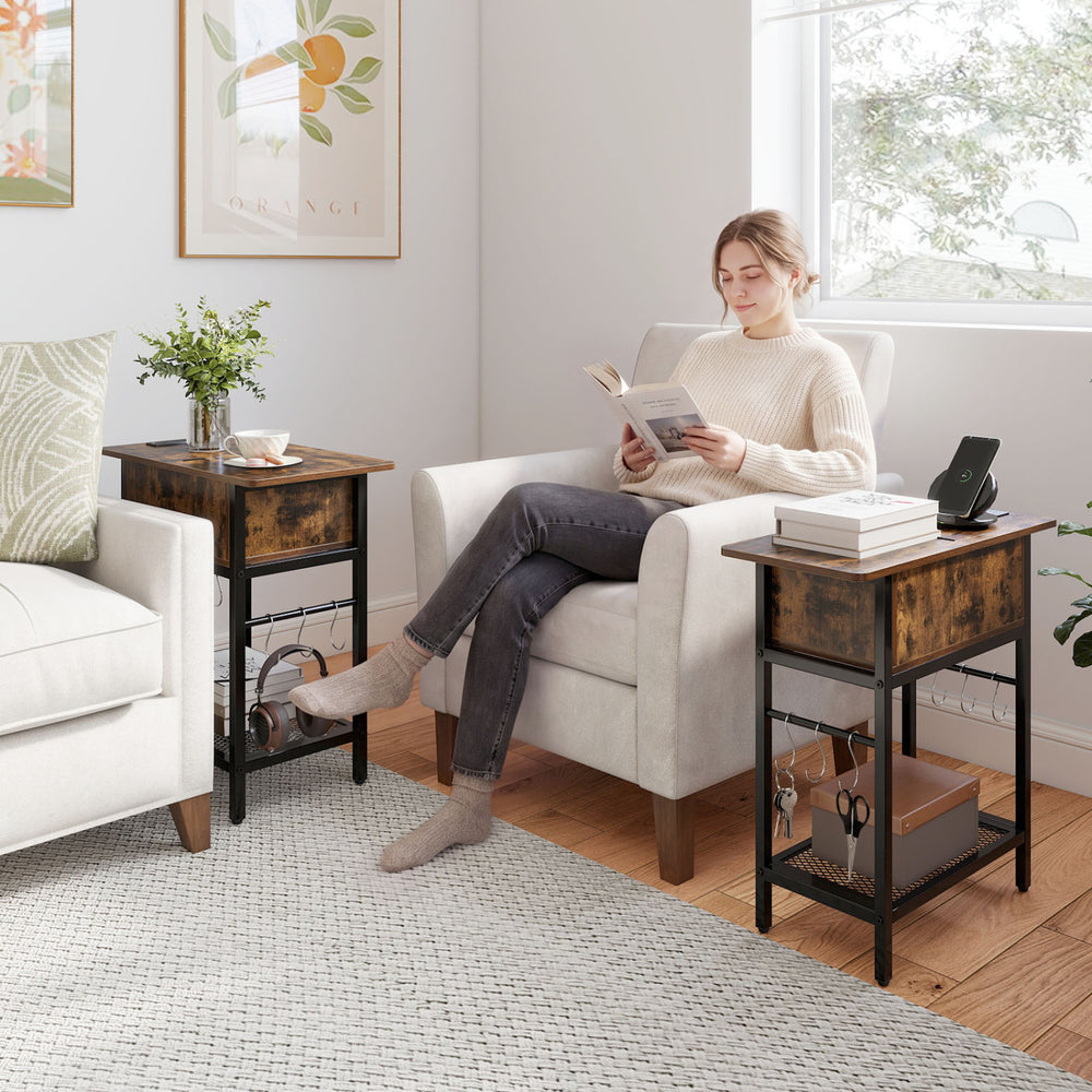 Set of 2 End Table with Charging Station and Hidden Compartment-Rustic Brown - Gallery View 1 of 7