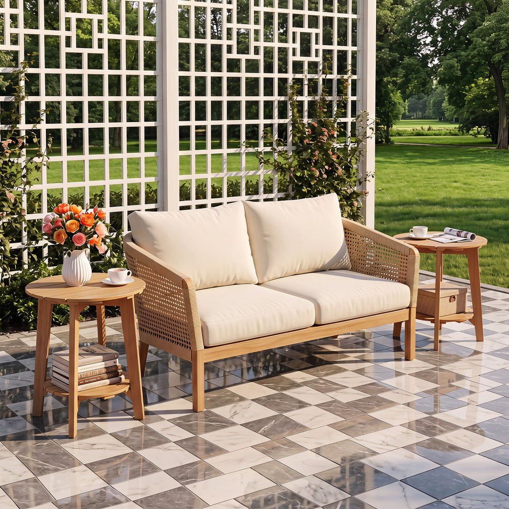 Natural eucalyptus wood side table with slatted tabletop and storage shelf, perfect for outdoor or indoor use.