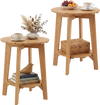 Set of 2 natural eucalyptus wood side tables with slatted tabletops and storage shelves for versatile indoor and outdoor use.