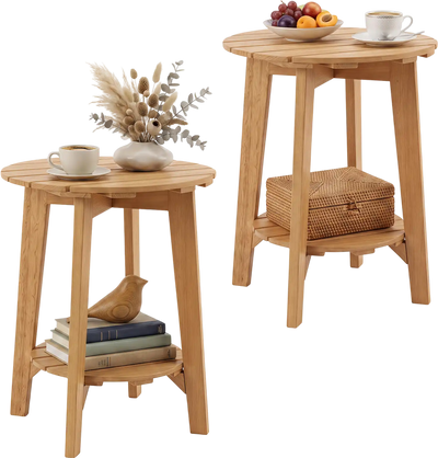Costway Set of 2 Outdoor Eucalyptus Wood 2-Tier Side Tables with Slatted Top Storage Shelf 47663629 New