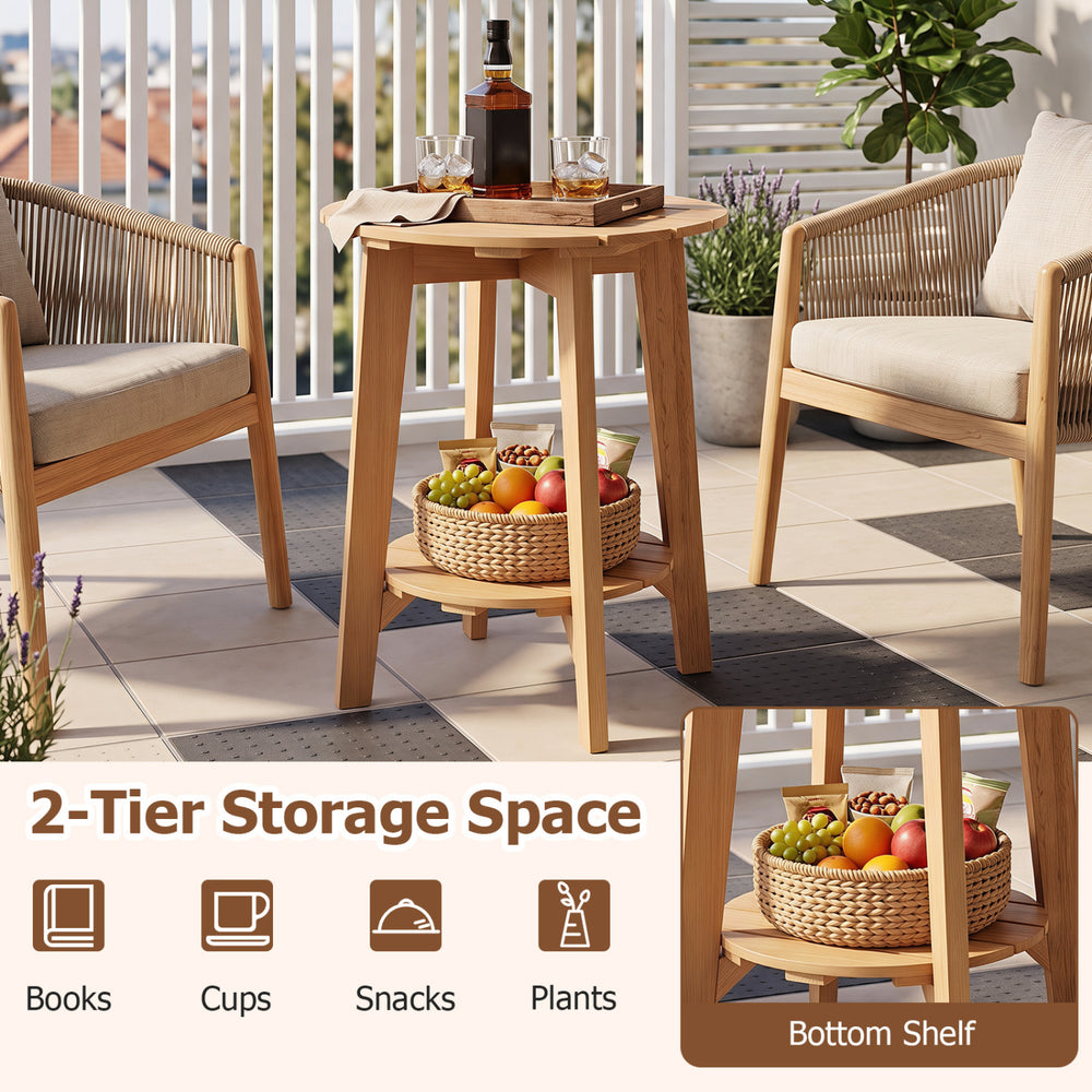Eucalyptus wood side table features a slatted tabletop and 2-tier storage shelf, perfect for outdoor or indoor use.