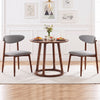 Set of 2 gray fabric upholstered dining chairs with curved backs, featuring solid rubber wood for durability and comfort.