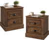 Farmhouse nightstand set with two drawers in brown wood grain finish, perfect for bedroom or living room storage.