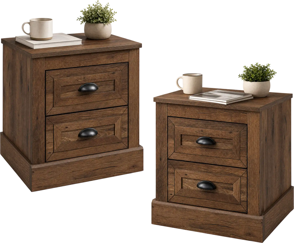 Farmhouse nightstand set with two drawers in brown wood grain finish, perfect for bedroom or living room storage.