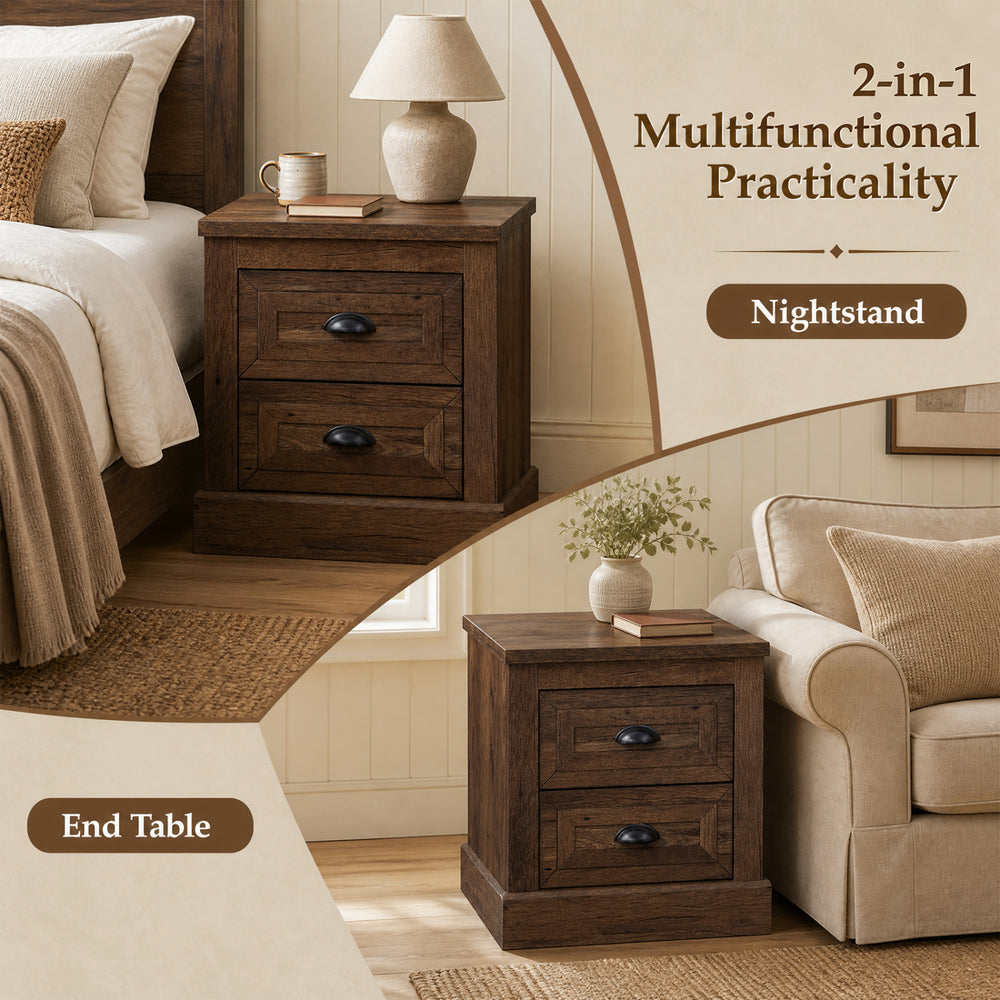 Brown farmhouse nightstand with two drawers, featuring a wood grain finish and vintage handles for versatile storage.