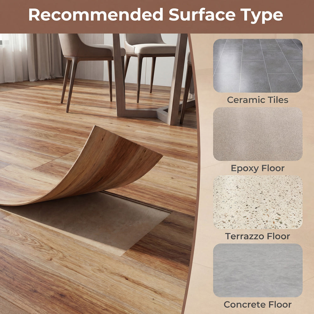 Set of 2 waterproof vinyl plank flooring tiles with 3D wood grain design for versatile home and office use.