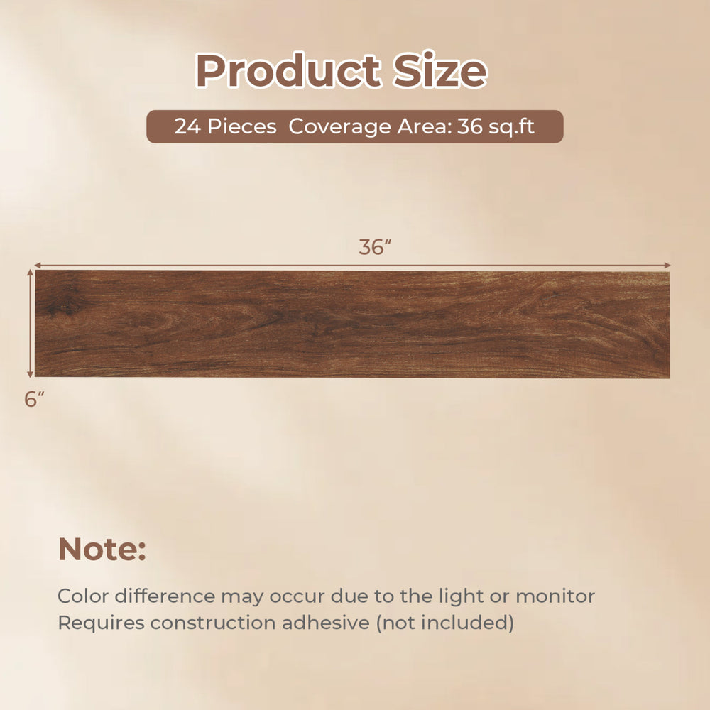 Brown vinyl plank flooring sample showing dimensions of 36" x 6" for waterproof, scratch-resistant installation.