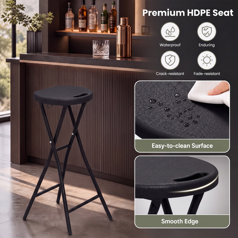 Folding bar stool with a 27.5" HDPE seat, black powder-coated frame, and built-in handle for easy transport.