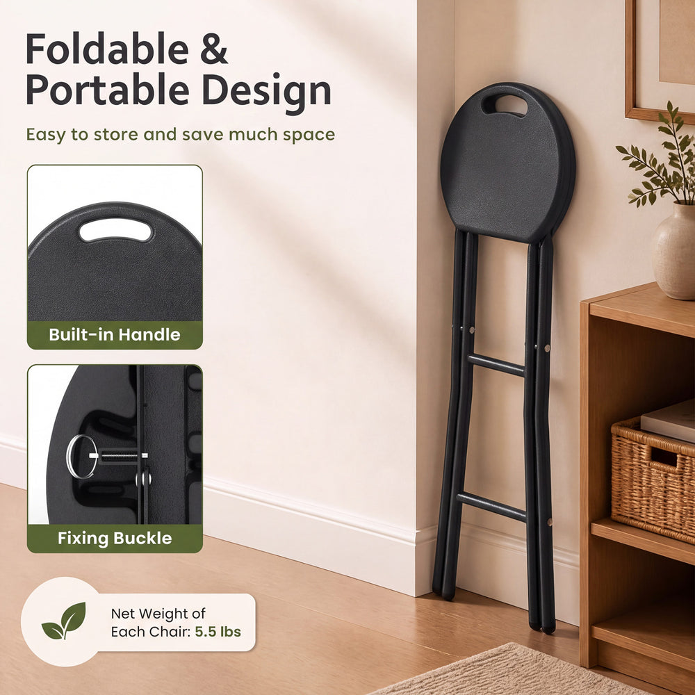 Folding bar stool set with HDPE seat and built-in handle, designed for easy storage and versatile use in kitchens or patios.