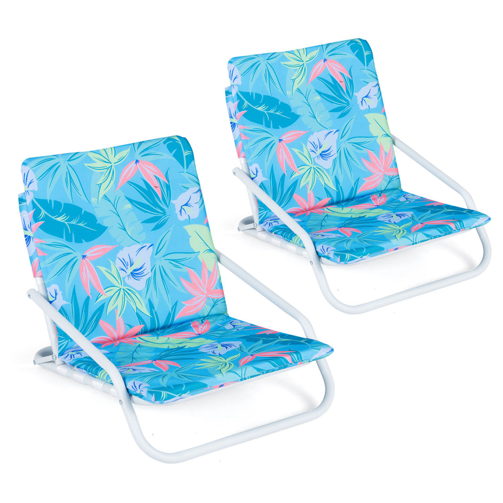 Set of 2 folding beach chairs with sponge padded seats, featuring a vibrant color scheme for camping and outdoor use.