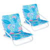 Set of 2 folding beach chairs with sponge padded seats, featuring a vibrant color scheme for camping and outdoor use.