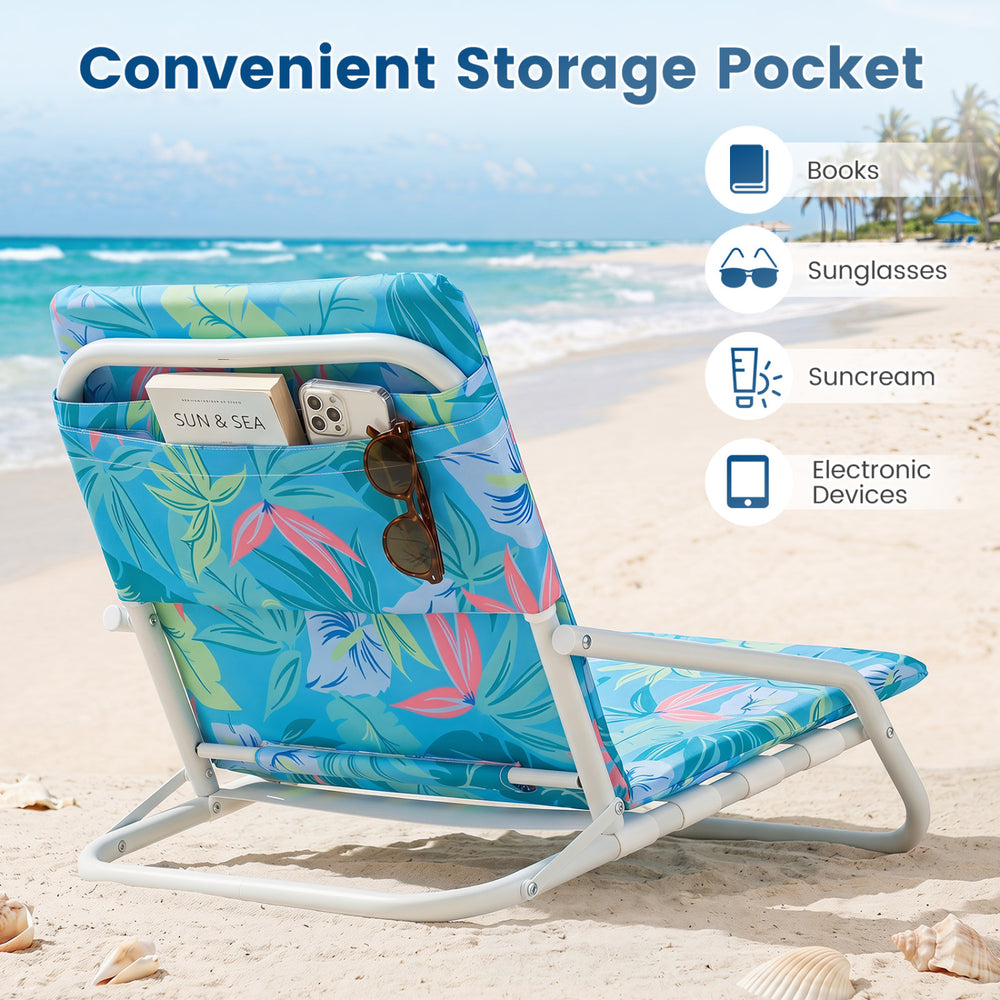 Folding beach chair with sponge padded seat and convenient storage pocket for books, sunglasses, and essentials.