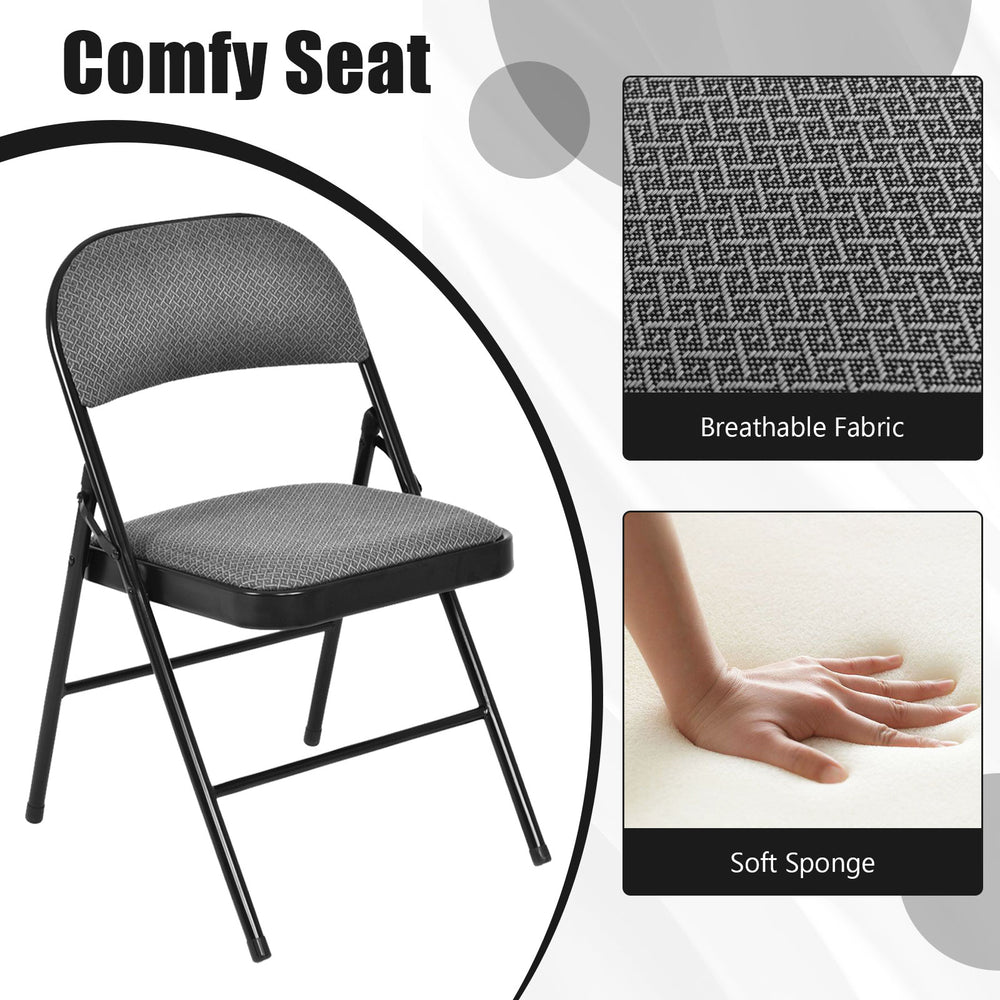 Folding chair with upholstered seat and fabric backrest, featuring anti-slip foot pads for stability and comfort.