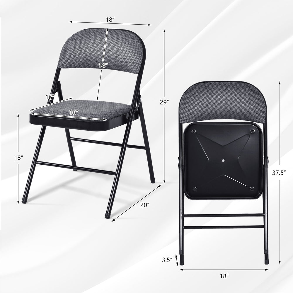 Folding chair set with upholstered seat and fabric backrest, featuring dimensions for easy storage and stability.