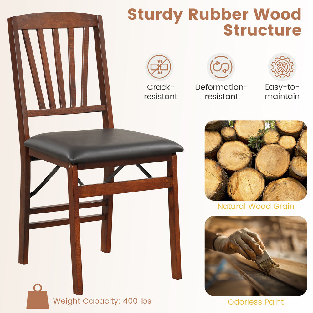 Folding chair with padded seat and rubber wood frame in brown, featuring a sturdy design and easy-to-maintain materials.
