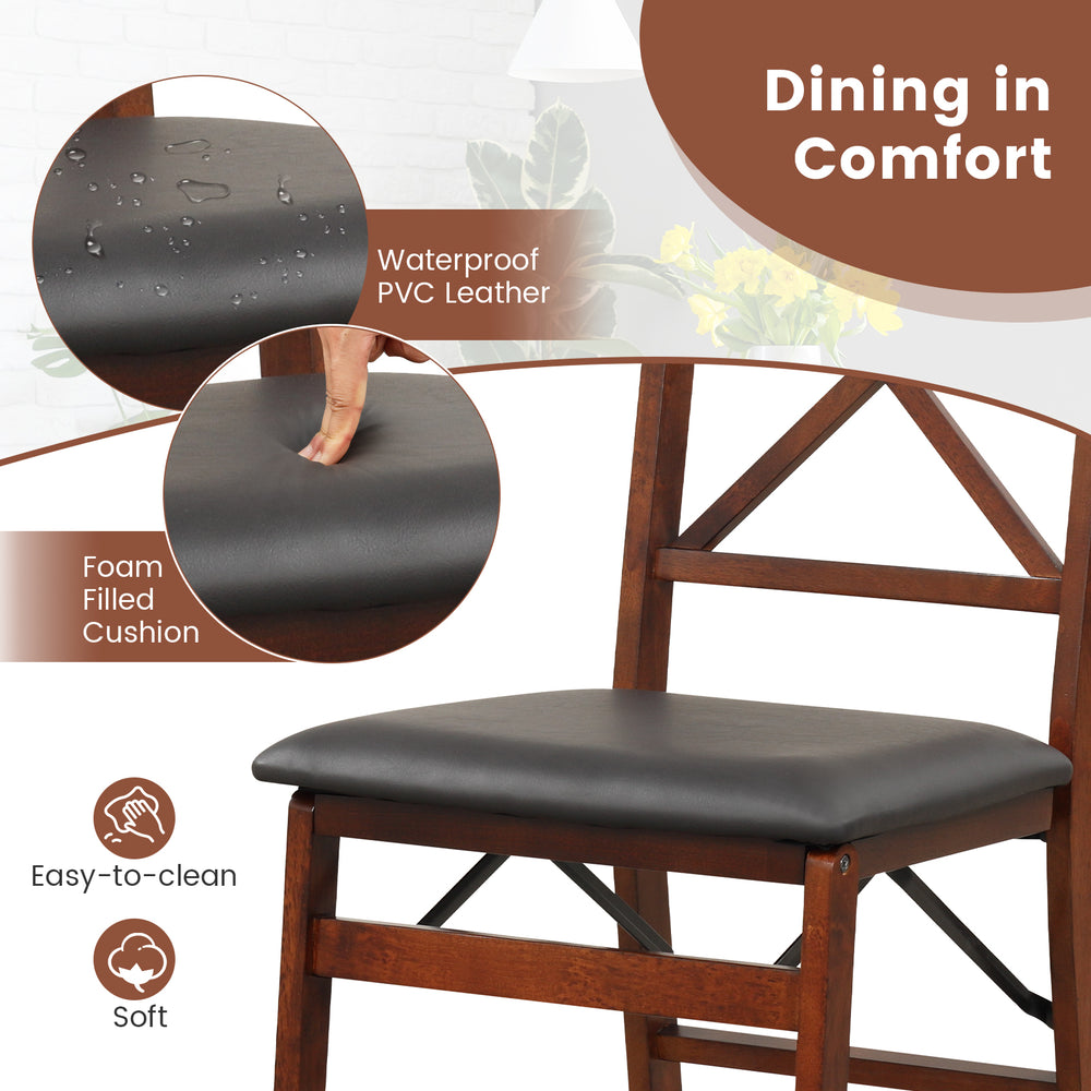 Folding dining chair with waterproof PVC leather cushion, soft foam filling, and sturdy rubber wood frame for comfort.