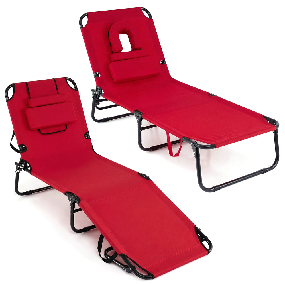 Red folding tanning chairs with adjustable backrest and face hole, featuring 3 removable pillows for versatile comfort.