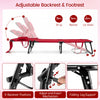 Folding tanning chair in red with adjustable backrest, face hole, and removable pillows for versatile sunbathing.
