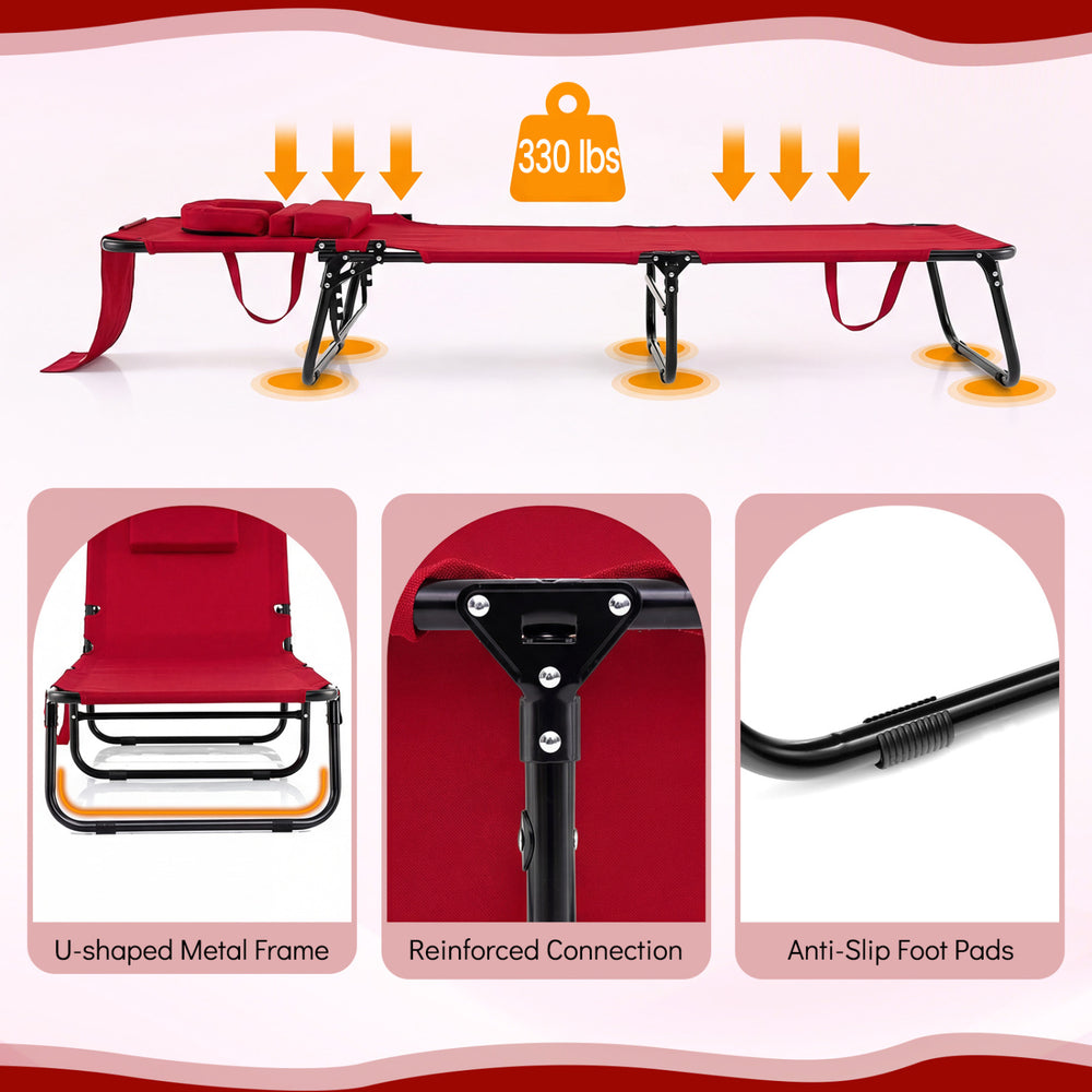Folding tanning chair in red with face hole, adjustable backrest, and removable pillows for beach or poolside.