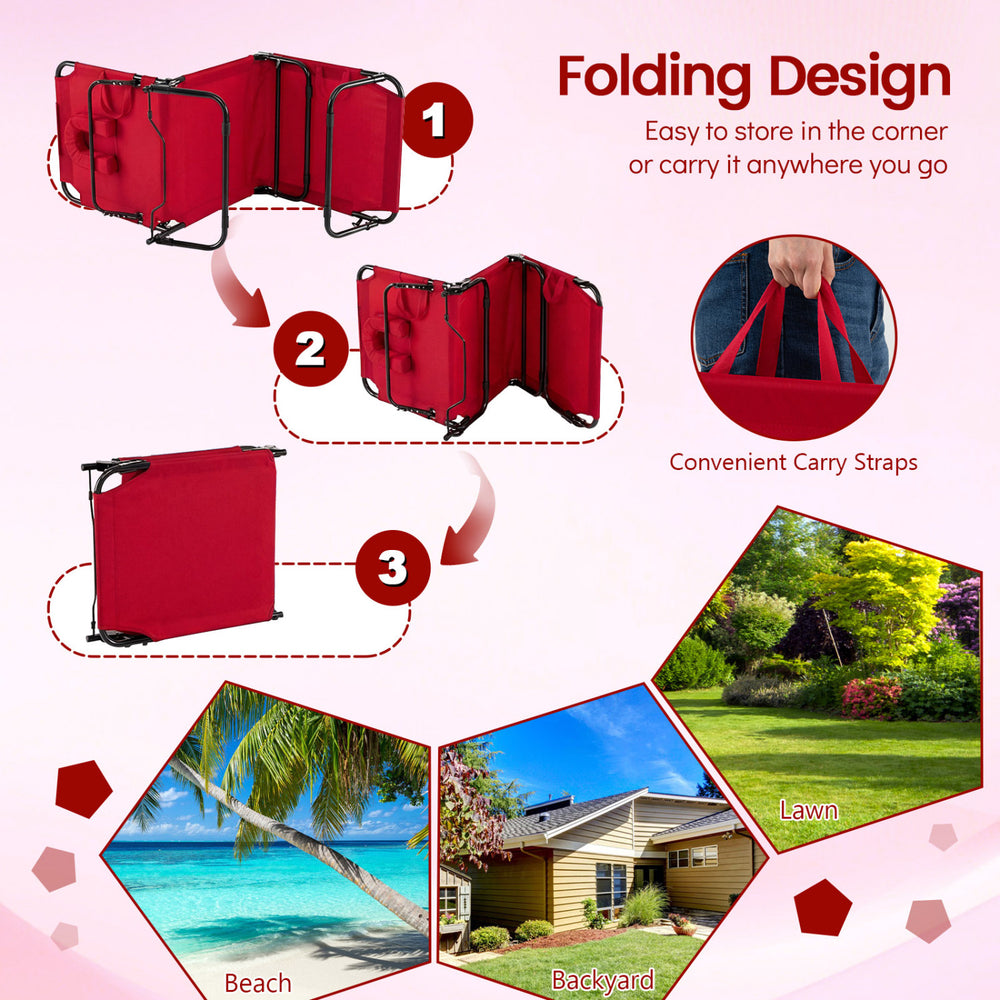 Set of 2 red folding tanning chairs with face hole, adjustable backrest, and detachable pillows for versatile outdoor.