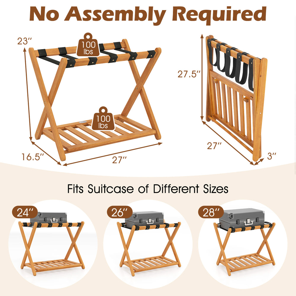 Folding luggage rack with solid acacia wood frame, 5 nylon straps, and slatted storage shelf for bedroom or hotel use.