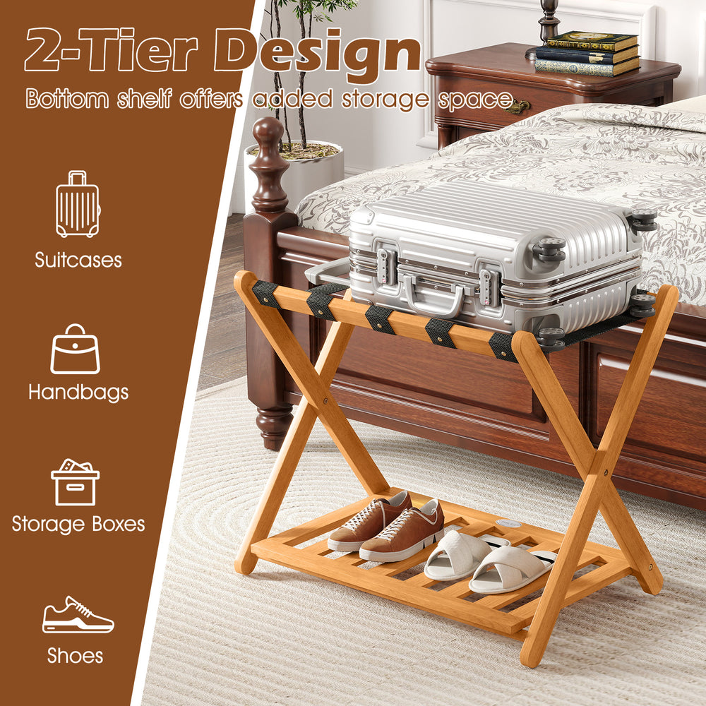 Folding luggage rack with acacia wood frame, nylon straps, and slatted storage shelf for organized travel essentials.