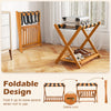 Folding luggage rack set with acacia wood frame, nylon straps, and slatted shelf for organized storage in guest rooms.