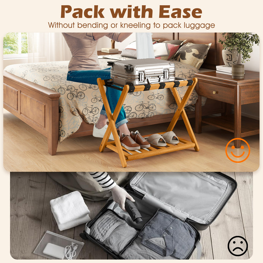 Folding luggage rack with acacia wood frame and nylon straps, perfect for easy packing in bedrooms or hotels.