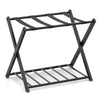 Folding black metal luggage rack with two compartments for suitcase and bags, ideal for bedroom or hotel use.